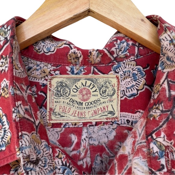 Vintage Ralph Lauren Polo Jeans Co. Quality Denim Goods Print Camp Shirt - Picture 14 of 16